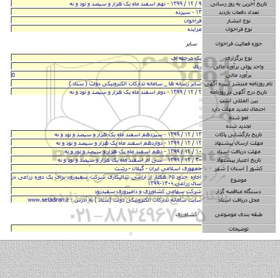 اجاره حدود ۶۵ هکتار از اراضی شالیکاری شرکت سفیدرود برای یک دوره زراعی در سال زراعی ۱۴۰۰-۱۳۹۹
