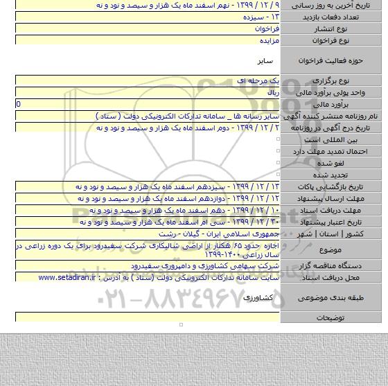 اجاره حدود ۶۵ هکتار از اراضی شالیکاری شرکت سفیدرود برای یک دوره زراعی در سال زراعی ۱۴۰۰-۱۳۹۹