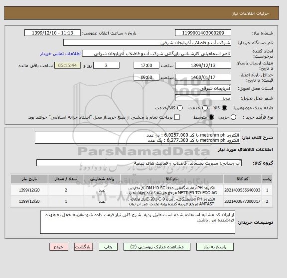استعلام الکترود metrohm ph با کد 6.0257.000 : دو عدد
الکترود metrohm ph با کد 6.277.300 : یک عدد