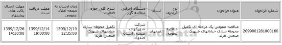 مناقصه عمومی یک مرحله ای تکمیل  محوطه سازی خیابانهای شهرک صنعتی هرند