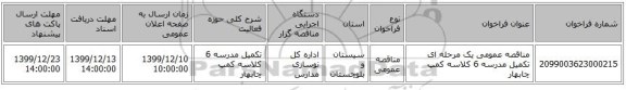 مناقصه عمومی یک مرحله ای تکمیل مدرسه 6 کلاسه کمپ چابهار
