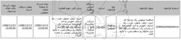 مناقصه عمومی یک مرحله ای خرید، حمل، تحویل، نصب ، راه اندازی، آموزش و اخذ گواهینامه استاندارد یک دستگاه باسکول 60 تنی ماژولار رو سطح زمین، با پکیج الکت