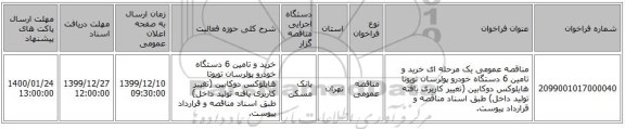 مناقصه عمومی یک مرحله ای خرید و تامین 6 دستگاه خودرو پولرسان تویوتا هایلوکس دوکابین (تغییر کاربری یافته تولید داخل) طبق اسناد مناقصه و قرارداد پیوست.