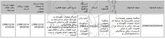 مناقصه عمومی همزمان با ارزیابی (فشرده) یک مرحله ای اجرای عملیات نگهداری و نوسازی جزئی و بازسازی و تعمیرات کلی و جزئی تاسیسات برقی و مکانیکی ساختمانها,اماکن و 