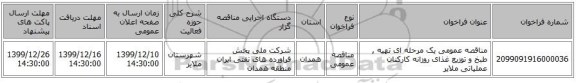 مناقصه عمومی یک مرحله ای تهیه , طبخ و توزیع غذای روزانه کارکنان عملیاتی ملایر
