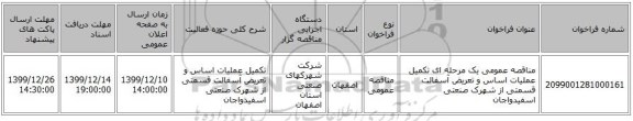 مناقصه عمومی یک مرحله ای تکمیل عملیات اساس و تعریض آسفالت قسمتی از شهرک صنعتی اسفیدواجان