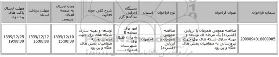مناقصه عمومی همزمان با ارزیابی (فشرده) یک مرحله ای توسعه و بهینه سازی شبکه های برق جهت نیرورسانی به متقاضیان بخش های جلگه و بن رود