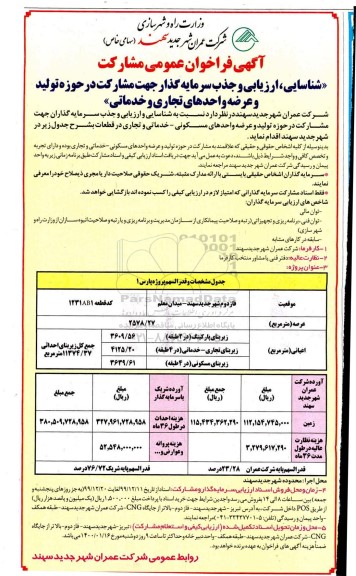 فراخوان عمومی مشارکت شناسایی، ارزیابی و جذب سرمایه گذار 