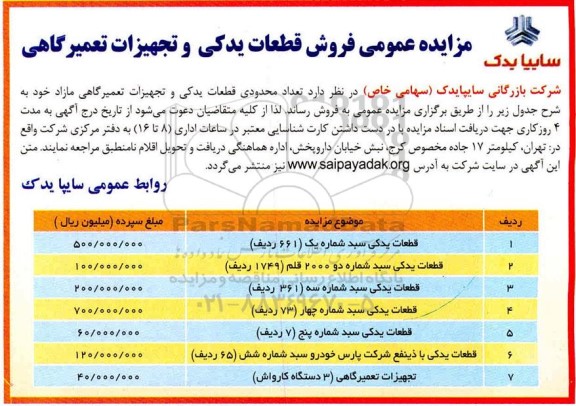 مزایده ، مزایده عمومی فروش قطعات یدکی و تجهیزات تعمیرگاهی 