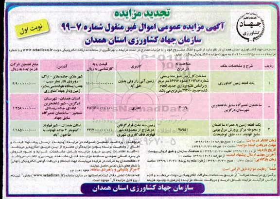 تجدید مزایده، تجدید مزایده واگذاری اراضی و املاک