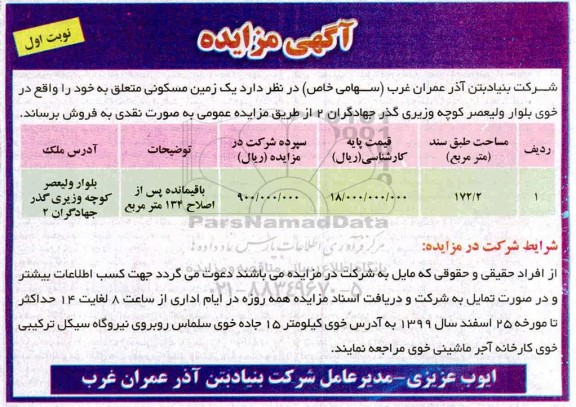 مزایده مزایده فروش یک زمین مسکونی 172.2 مترمربع نوبت اول
