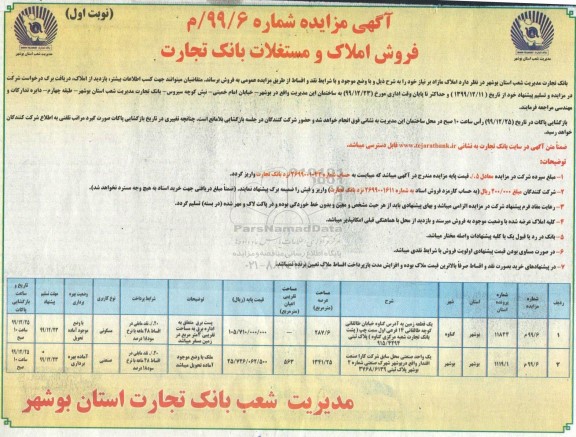 مزایده،مزایده فروش املاک و مستغلات مسکونی نوبت اول