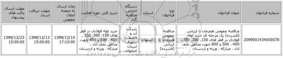 مناقصه عمومی همزمان با ارزیابی (فشرده) یک مرحله ای خرید لوله فولادی در قطر های 150، 300، 350 ، 400 ، 500  و 600 جهت  مناطق نجف اباد ، مبارکه ، ورزنه و اردستان