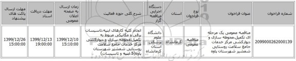 مناقصه عمومی یک مرحله ای تکمیل،محوطه سازی و دیوارکشی مرکز خدمات جامع سلامت روستایی شمشیر شهرستان پاوه