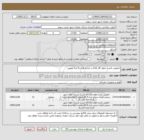 استعلام خاموش کننده حاوی گاز Co2 در اندازه های 4 و 6 کیلویی