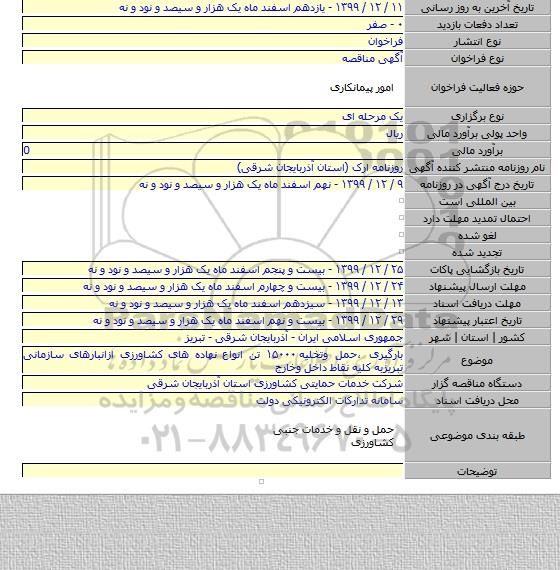 بارگیری ،حمل وتخلیه ۱۵۰۰۰ تن انواع نهاده های کشاورزی ازانبارهای سازمانی تبریزبه کلیه نقاط داخل وخارج