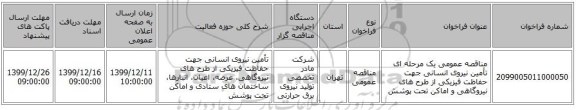 مناقصه عمومی یک مرحله ای تأمین نیروی انسانی جهت حفاظت فیزیکی از طرح های نیروگاهی و اماکن تحت پوشش