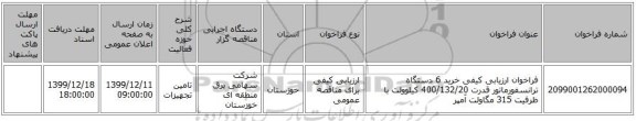فراخوان ارزیابی کیفی خرید 6 دستگاه ترانسفورماتور قدرت 400/132/20 کیلوولت با ظرفیت 315 مگاولت آمپر