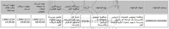 مناقصه عمومی همزمان با ارزیابی (فشرده) یک مرحله ای تکمیل مدرسه شهید چمران آبگرم لاریجان آمل