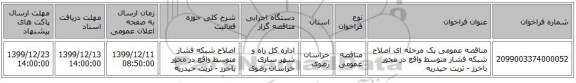 مناقصه عمومی یک مرحله ای اصلاح شبکه فشار متوسط واقع در محور باخرز - تربت حیدریه