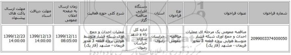 مناقصه عمومی یک مرحله ای عملیات احداث و جمع اوری شبکه فشار متوسط هوایی پروژه قطعه 3 محور فریمان - مشهد (فاز یک)