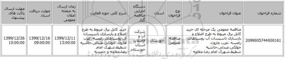 مناقصه عمومی یک مرحله ای خرید کابل برق مربوط به طرح اصلاح و بازسازی تاسیسات آب روستاهای رامسه ،غرب مارون، جولکی،عبدلی،حاشیه شطیط،شهرک امام رضا،علاونه 