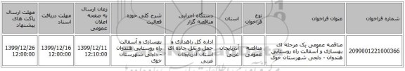 مناقصه عمومی یک مرحله ای بهسازی و آسفالت راه روستایی هندوان - دلجی شهرستان خوی