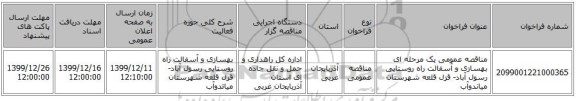 مناقصه عمومی یک مرحله ای بهسازی و آسفالت راه روستایی رسول آباد- قزل قلعه شهرستان میاندوآب