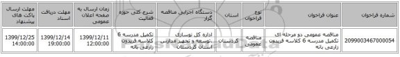 مناقصه عمومی دو مرحله ای تکمیل مدرسه 6 کلاسه فریدون زارعی بانه 