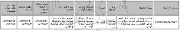 مناقصه عمومی دو مرحله ای تهیه و اجرای آسفالت محوطه مدارس مناطق آموزشی بیجار دیواندره و کرانی 