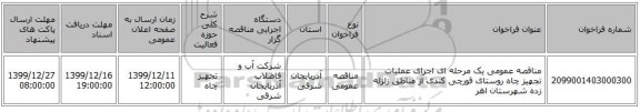 مناقصه عمومی یک مرحله ای اجرای عملیات تجهیز چاه روستای قورچی کندی از مناطق زلزله زده شهرستان اهر