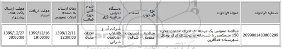 مناقصه عمومی یک مرحله ای اجرای عملیات مخزن 150 مترمکعبی با شیرخانه در روستای ایری بوجاق شهرستان خداآفرین