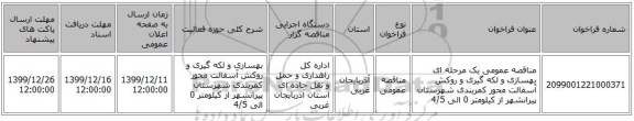 مناقصه عمومی یک مرحله ای بهسازی و لکه گیری و روکش آسفالت محور کمربندی شهرستان پیرانشهر از کیلومتر 0 الی 4/5   