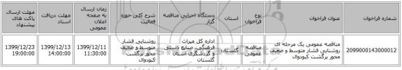 مناقصه عمومی یک مرحله ای روشنایی فشار متوسط و ضعیف محور برگشت کبودوال