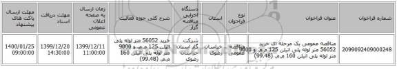 مناقصه عمومی یک مرحله ای خرید 56052 متر لوله پلی اتیلن 125 م.م. و 9000 متر لوله پلی اتیلن 160 م.م. (99.48)