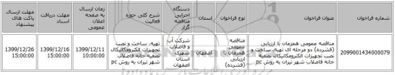 مناقصه عمومی همزمان با ارزیابی (فشرده) دو مرحله ای تهیه، ساخت و نصب تجهیزات الکترومکانیکال تصفیه خانه فاضلاب شهر تیران به روش pc