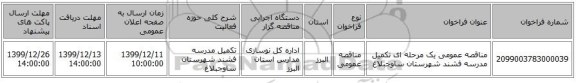 مناقصه عمومی یک مرحله ای تکمیل مدرسه فشند شهرستان ساوجبلاغ 