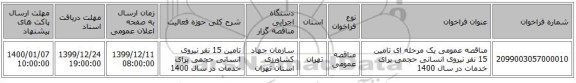 مناقصه عمومی یک مرحله ای تامین 15 نفر نیروی انسانی حجمی  برای خدمات در سال 1400
