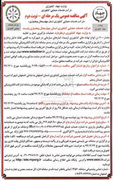 مناقصه عملیات بارگیری حمل و تخلیه مقدار 6000 تن انواع نهاده های کشاورزی 