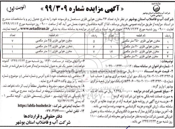 مزایده, مزایده تعداد 26 مخزن هوایی فلزی مستعمل و فرسوده