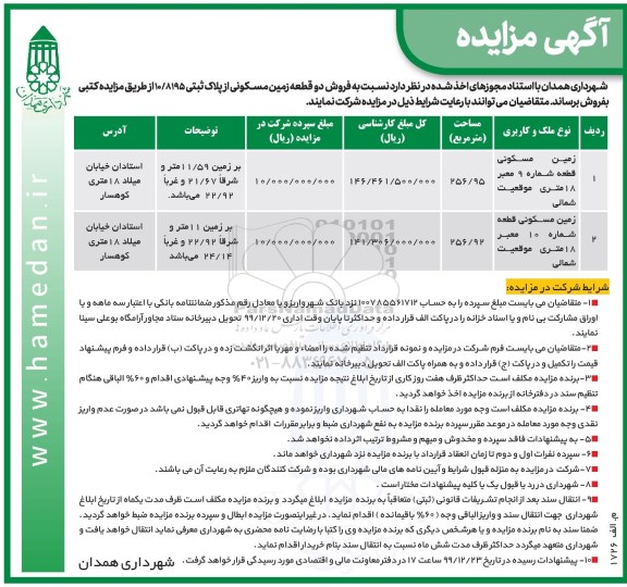مزایده، مزایده فروش دو قطعه زمین مسکونی 256.95 و 256.92 مترمربع 