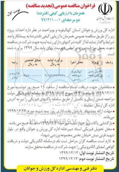 تجدید مناقصه تکمیل زمین ورزشی قلعه رئیسی 