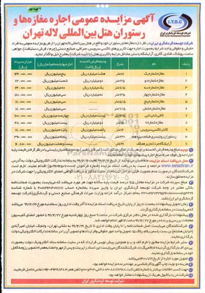 مزایده اجاره مغازه ها و رستوران هتل بین المللی 