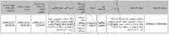 مناقصه عمومی یک مرحله ای ارائه خدمات خودرویی جهت انجام سرویس های اداری و خدمات درون شهری و برون شهری در سطح سه استان آ ش ، آ غ و اردبیل 