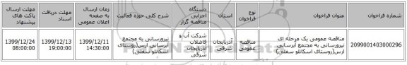 مناقصه عمومی یک مرحله ای نیرورسانی به مجتمع آبرسانی ارس(روستای اسکانلو سفلی)
