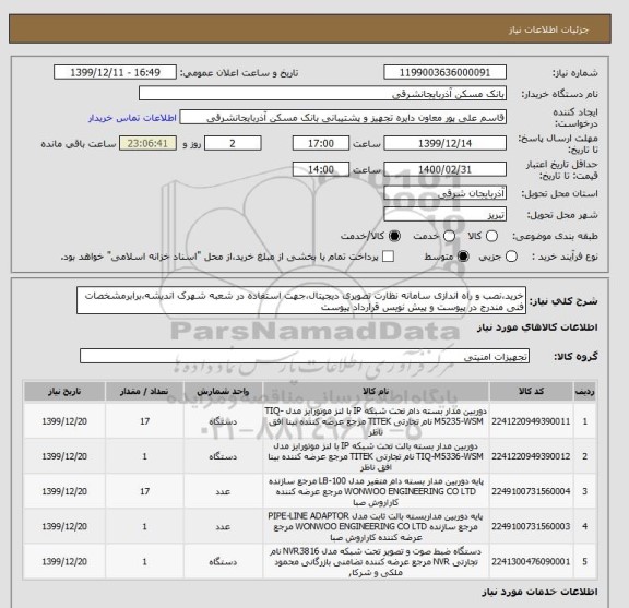 استعلام خرید،نصب و راه اندازی سامانه نظارت تصویری دیجیتال،جهت استفاده در شعبه شهرک اندیشه،برابرمشخصات فنی مندرج در پیوست و پیش نویس قرارداد پیوست
