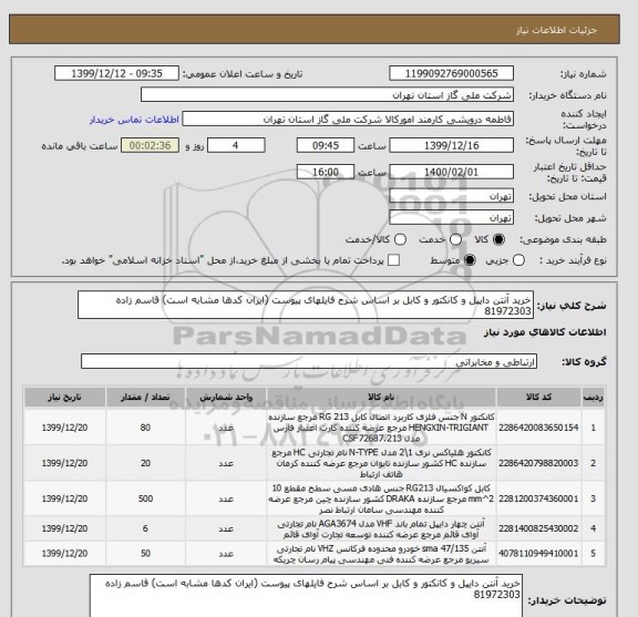 استعلام خرید آنتن دایپل و کانکتور و کابل بر اساس شرح فایلهای پیوست (ایران کدها مشابه است) قاسم زاده 81972303