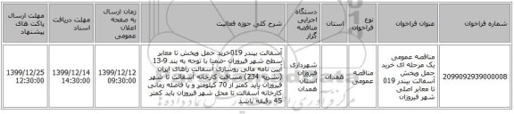 مناقصه عمومی یک مرحله ای خرید حمل وپخش آسفالت بیندر 019 تا معابر اصلی شهر فیروزان