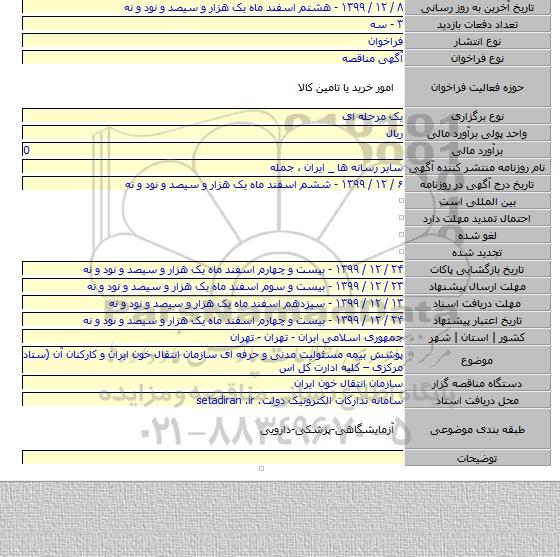 پوشش بیمه مسئولیت مدنی و حرفه ای سازمان انتقال خون ایران و کارکنان آن (ستاد مرکزی – کلیه ادارت کل اس