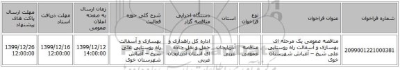 مناقصه عمومی یک مرحله ای بهسازی و آسفالت راه روستایی علی شیخ – آغباش شهرستان خوی